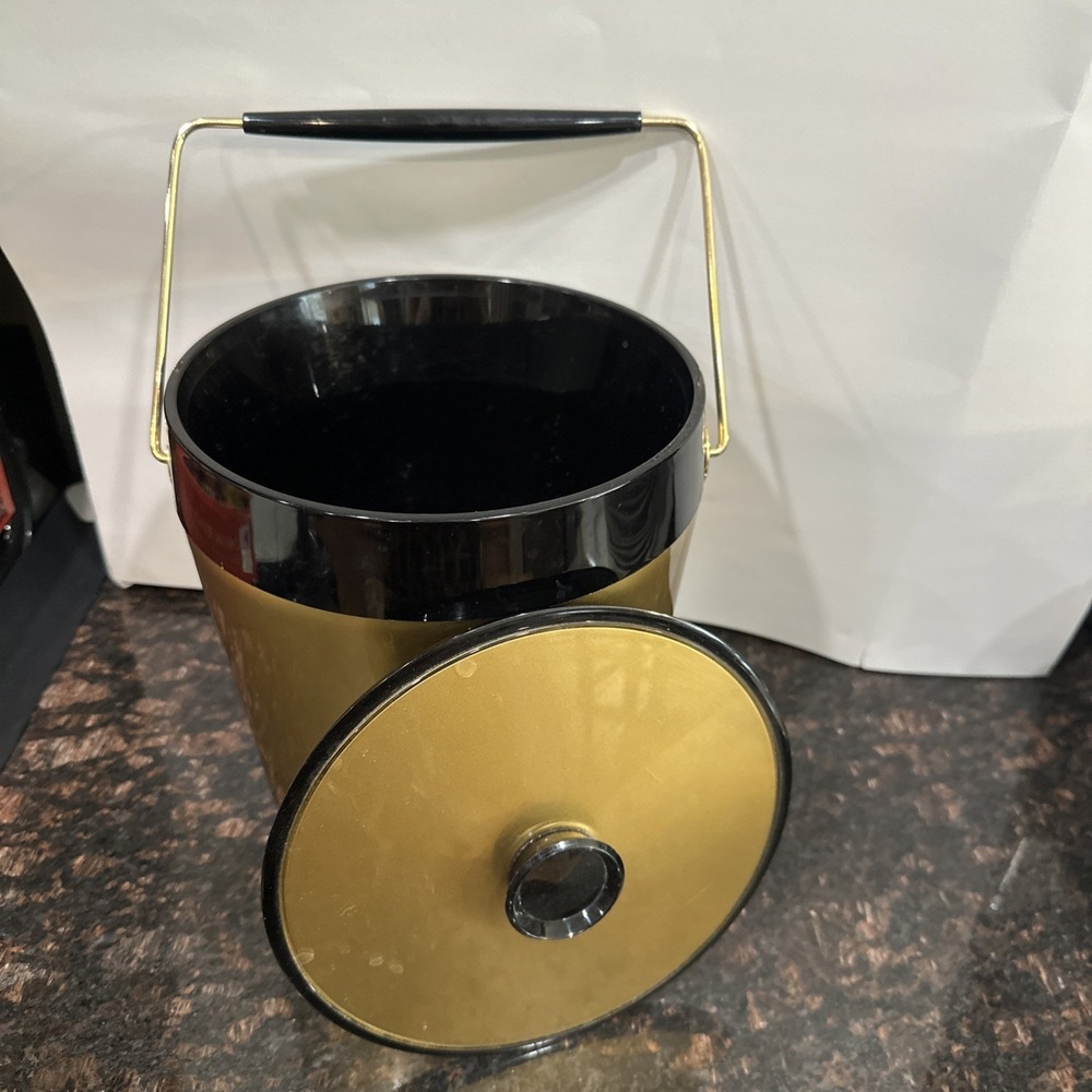 Vintage ice Bucket West Bend Thermo Serv Atomic Gold Black Mid-Century Barware